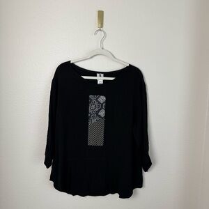 Yasuko Kurisaka Abstract Print Boxy Tunic Top Black Art To Wear Lagenlook S/M